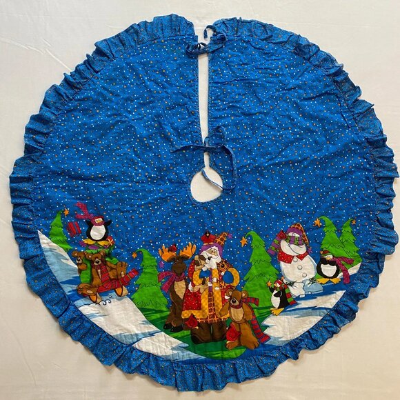 Quilted Christmas Tree Skirt Holiday Decoration Xmas Decor Santa and Animals - Picture 1 of 6